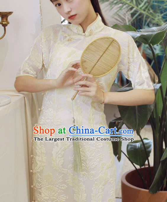 Traditional Chinese National Embroidered White Cheongsam Classical Tang Suit Qipao Dress for Women