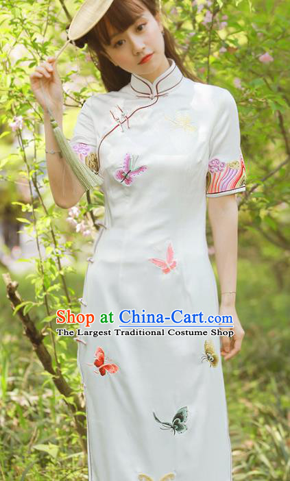 Traditional Chinese National Embroidered Butterfly White Cheongsam Classical Tang Suit Qipao Dress for Women