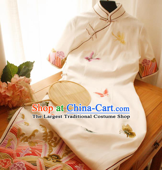 Traditional Chinese National Embroidered Butterfly White Cheongsam Classical Tang Suit Qipao Dress for Women