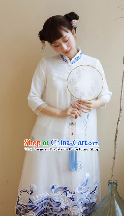Traditional Chinese National Embroidered White Organza Cheongsam Classical Tang Suit Qipao Dress for Women