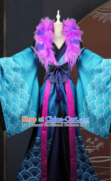 Chinese Traditional Cosplay Peri Queen Costume Ancient Swordswoman Blue Hanfu Dress for Women