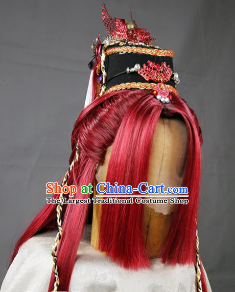 Chinese Traditional Cosplay Prince Red Wig Ancient Swordsman Wig Sheath for Men