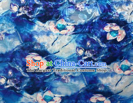 Chinese Traditional Hanfu Royal Printing Lotus Pattern Blue Brocade Material Cheongsam Classical Fabric Satin Silk Fabric