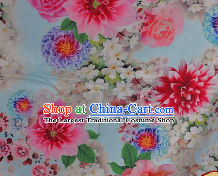 Chinese Traditional Hanfu Printing Peony Pattern Blue Brocade Material Cheongsam Classical Fabric Satin Silk Fabric