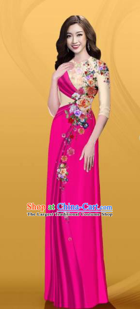Vietnam Traditional Printing Roses Rosy Aodai Cheongsam Asian Costume Vietnamese Bride Classical Qipao Dress for Women