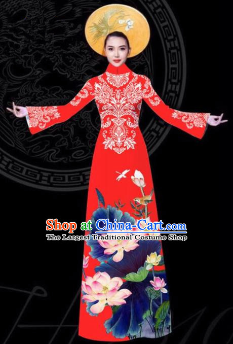 Vietnam Traditional Court Printing Lotus Red Aodai Cheongsam Asian Vietnamese Queen Classical Qipao Dress for Women