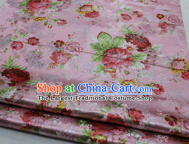Chinese Traditional Fabric Royal Peony Pattern Pink Brocade Material Hanfu Classical Satin Silk Fabric
