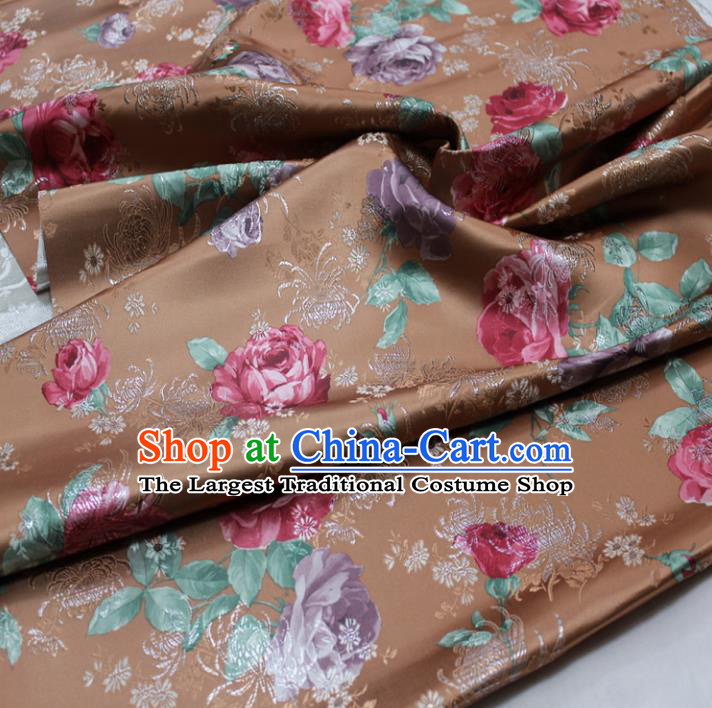 Chinese Traditional Fabric Royal Peony Pattern Brown Brocade Material Hanfu Classical Satin Silk Fabric