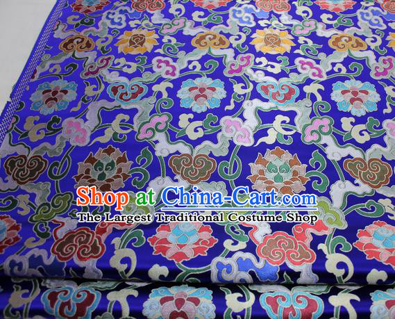 Chinese Traditional Fabric Royal Lotus Pattern Royalblue Brocade Material Hanfu Classical Satin Silk Fabric