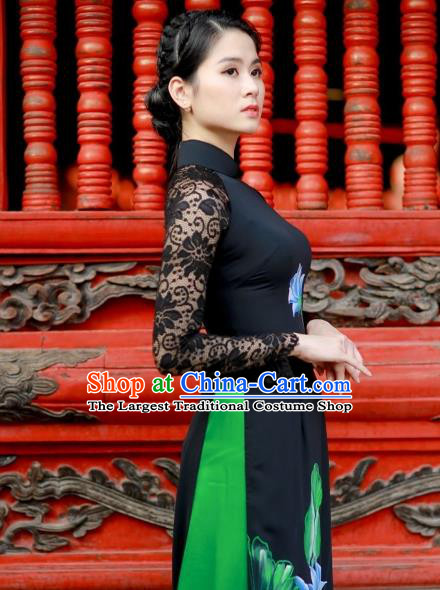 Vietnam Traditional Printing Lotus Black Lace Aodai Cheongsam Asian Vietnamese Bride Classical Qipao Dress for Women