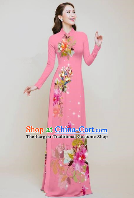 Vietnam Traditional Printing Flowers Pink Aodai Qipao Dress Asian Vietnamese Bride Classical Cheongsam for Women