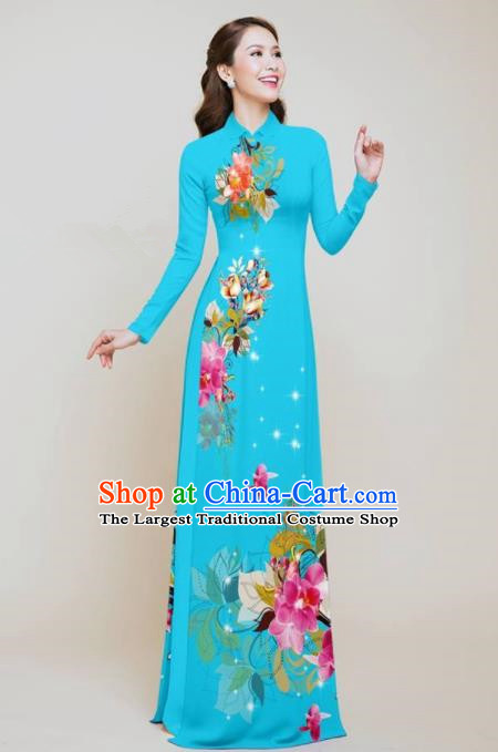Vietnam Traditional Printing Flowers Blue Aodai Qipao Dress Asian Vietnamese Bride Classical Cheongsam for Women