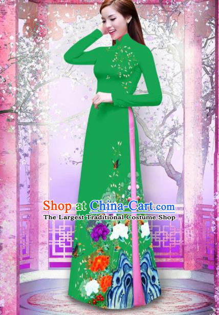 Vietnam Traditional Printing Peony Deep Green Ao Dai Dress Asian Vietnamese Bride Classical Cheongsam for Women