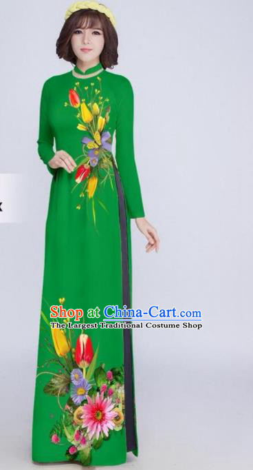 Vietnam Classical Printing Tulip Green Ao Dai Dress Asian Traditional Vietnamese Bride Cheongsam for Women