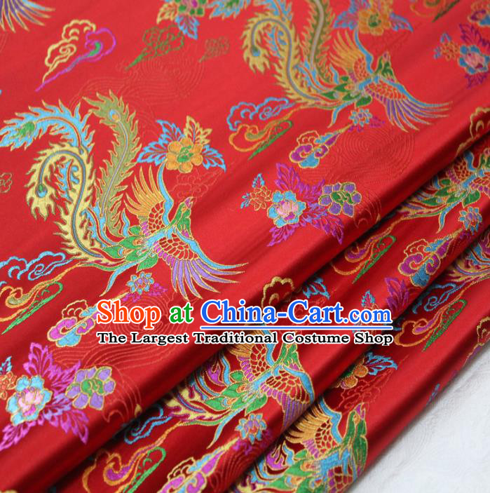 Asian Chinese Traditional Classical Phoenix Peony Pattern Red Brocade Tang Suit Satin Fabric Material Classical Silk Fabric