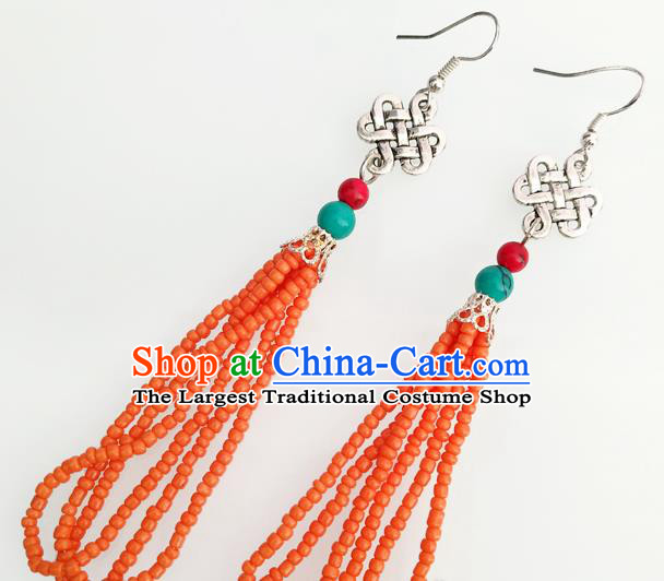 Traditional Chinese Mongol Nationality Orange Beads Ear Accessories Mongolian Ethnic Folk Dance Earrings for Women