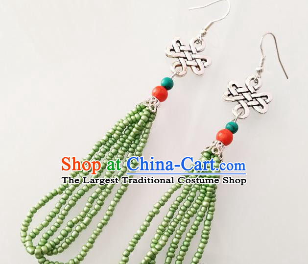 Traditional Chinese Mongol Nationality Green Beads Ear Accessories Mongolian Ethnic Folk Dance Earrings for Women