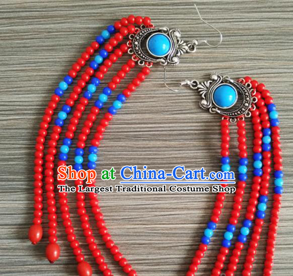 Traditional Chinese Mongol Nationality Red Beads Ear Accessories Mongolian Ethnic Folk Dance Earrings for Women