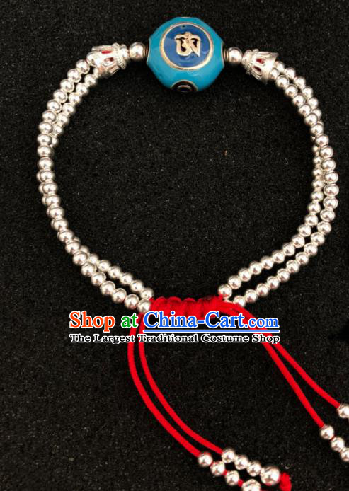 Traditional Chinese Mongol Nationality Blue Bead Sliver Bracelet Accessories Mongolian Ethnic Bangle for Women