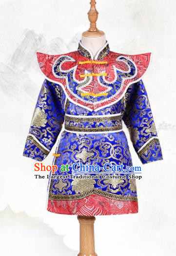 Chinese Ethnic Costume Royalblue Brocade Robe Traditional Mongol Nationality Folk Dance Clothing for Kids