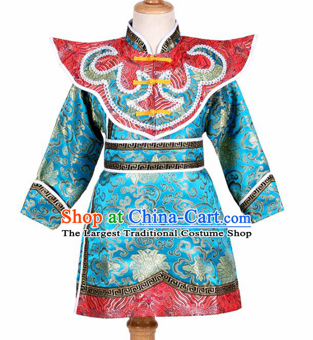 Chinese Ethnic Costume Blue Brocade Robe Traditional Mongol Nationality Folk Dance Clothing for Kids
