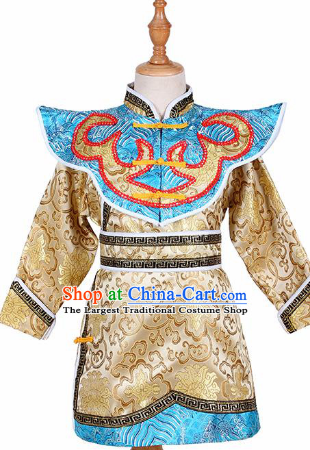Chinese Ethnic Costume Golden Brocade Robe Traditional Mongol Nationality Folk Dance Clothing for Kids