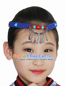 Chinese Mongolian Ethnic Hair Accessories Traditional Mongol Nationality Folk Dance Blue Headband for Kids