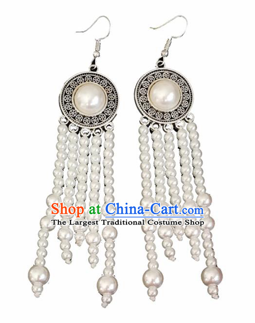Chinese Mongolian Ethnic Ear Accessories Traditional Mongol Nationality White Beads Tassel Earrings for Women