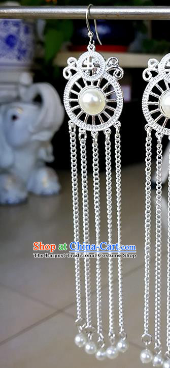 Traditional Chinese Mongolian Ethnic White Beads Ear Accessories Mongol Nationality Earrings for Women