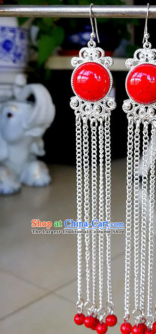 Traditional Chinese Mongolian Ethnic Red Beads Tassel Ear Accessories Mongol Nationality Earrings for Women