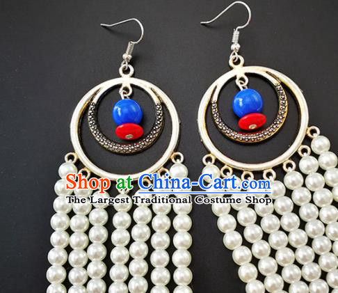 Traditional Chinese Mongolian Ethnic Folk Dance Ear Accessories Mongol Nationality White Beads Earrings for Women