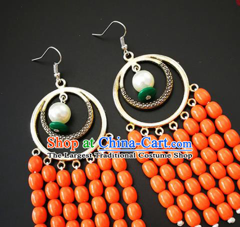 Traditional Chinese Mongolian Ethnic Folk Dance Ear Accessories Mongol Nationality Orange Beads Earrings for Women