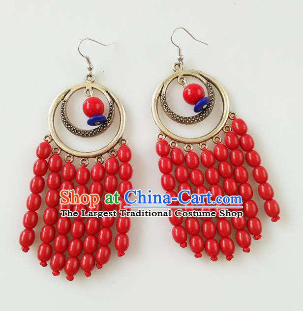Traditional Chinese Mongolian Ethnic Folk Dance Ear Accessories Mongol Nationality Red Beads Earrings for Women