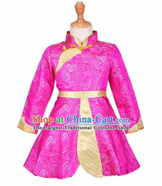 Chinese Ethnic Costume Rosy Mongolian Dress Traditional Mongol Nationality Folk Dance Clothing for Kids
