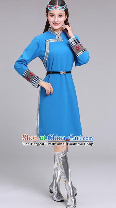 Chinese Mongolian Ethnic Costume Blue Dress Traditional Mongol Nationality Folk Dance Clothing for Women