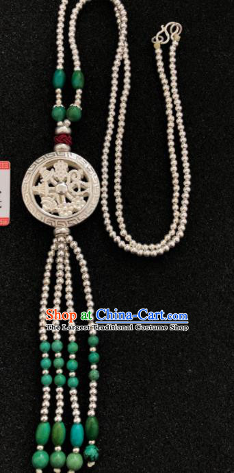 Traditional Chinese Mongol Nationality Sliver Necklet Accessories Mongolian Ethnic Green Beads Tassel Necklace for Women
