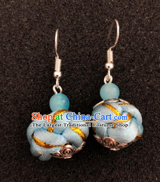 Traditional Chinese Mongol Nationality Light Blue Ball Ear Accessories Mongolian Ethnic Earrings for Women