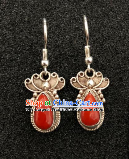 Traditional Chinese Mongol Nationality Sliver Red Ear Accessories Mongolian Ethnic Earrings for Women