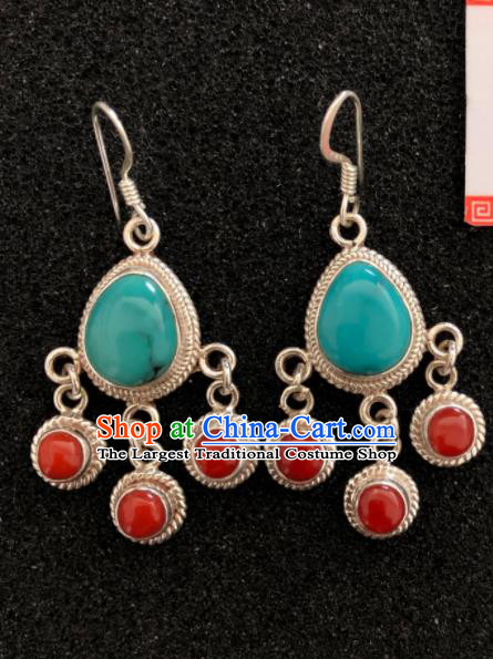 Traditional Chinese Mongol Nationality Sliver Green Ear Accessories Mongolian Ethnic Earrings for Women