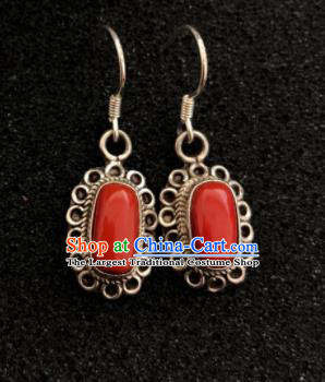 Traditional Chinese Mongol Nationality Red Stone Sliver Ear Accessories Mongolian Ethnic Earrings for Women