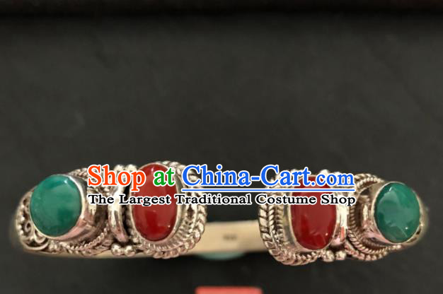 Traditional Chinese Mongol Nationality Agate Bracelet Accessories Mongolian Ethnic Sliver Bangle for Women