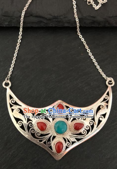Traditional Chinese Mongol Nationality Sliver Green Necklet Accessories Mongolian Ethnic Necklace for Women