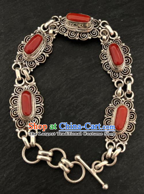 Traditional Chinese Mongol Nationality Sliver Bracelet Accessories Mongolian Ethnic Agate Bangle for Women