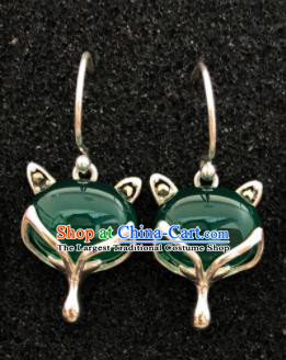 Traditional Chinese Mongol Nationality Green Crystal Fox Ear Accessories Mongolian Ethnic Sliver Earrings for Women