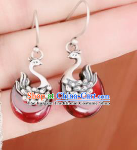 Traditional Chinese Mongol Nationality Red Swan Ear Accessories Mongolian Ethnic Sliver Earrings for Women