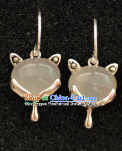 Traditional Chinese Mongol Nationality White Chalcedony Fox Ear Accessories Mongolian Ethnic Sliver Earrings for Women