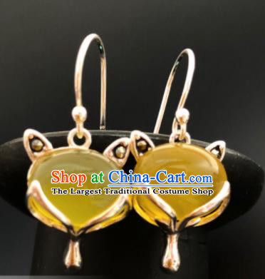 Traditional Chinese Mongol Nationality Yellow Chalcedony Fox Ear Accessories Mongolian Ethnic Sliver Earrings for Women