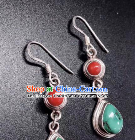 Traditional Chinese Mongol Nationality Ear Accessories Mongolian Ethnic Sliver Kallaite Earrings for Women