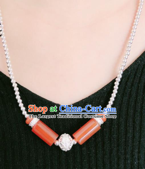Traditional Chinese Mongol Nationality Sliver Necklet Accessories Mongolian Ethnic Red Agate Necklace for Women