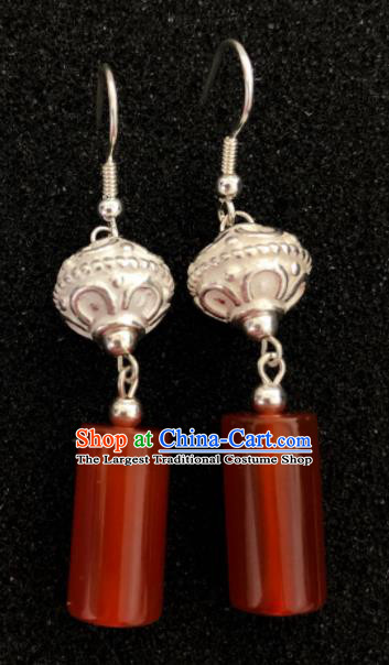 Traditional Chinese Mongol Nationality Ear Accessories Mongolian Ethnic Sliver Red Agate Earrings for Women